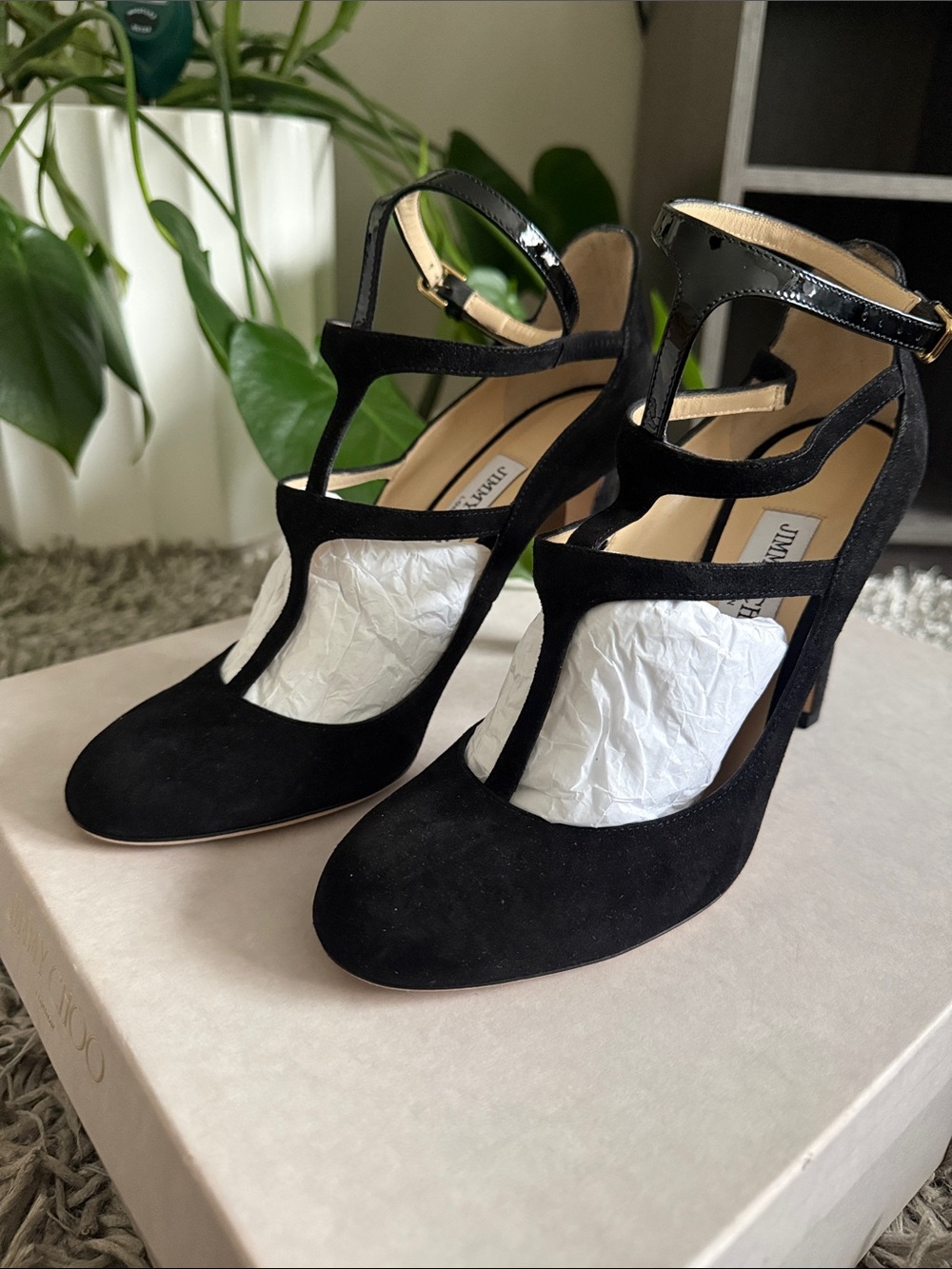 Jimmy Choo Black T-Strap Suede Heels